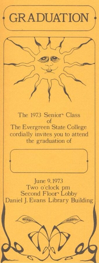 Yellow 1973 graduation invitation from The Evergreen State College featuring a stylized sun illustration and ceremony details for June 9 in the Evans Library Building.