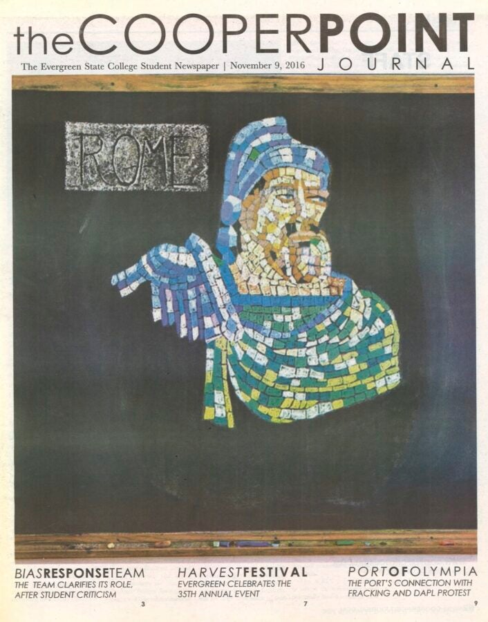 Front page of the Cooper Point Journal student newspaper, November 9, 2016, featuring a mosaic-style portrait labeled “Rome” and campus headlines.